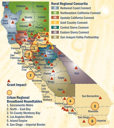 a map of California with Rural Regional Consortia and lots of icons and a legend