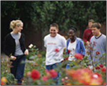 5 students walking through red and orange roses