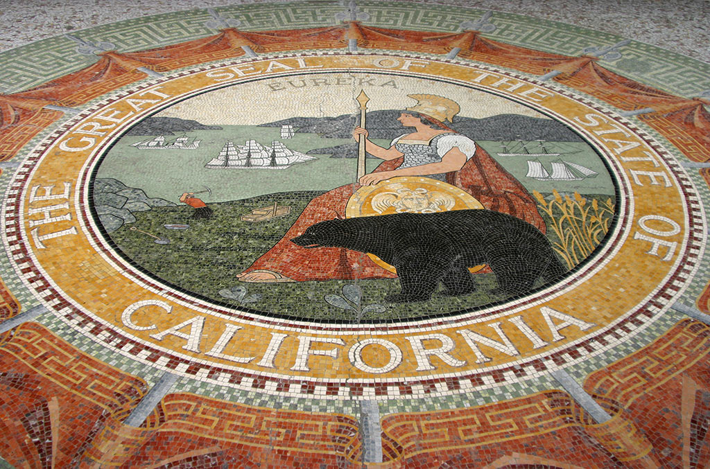 The California Seal inlaid into a hard stone floor