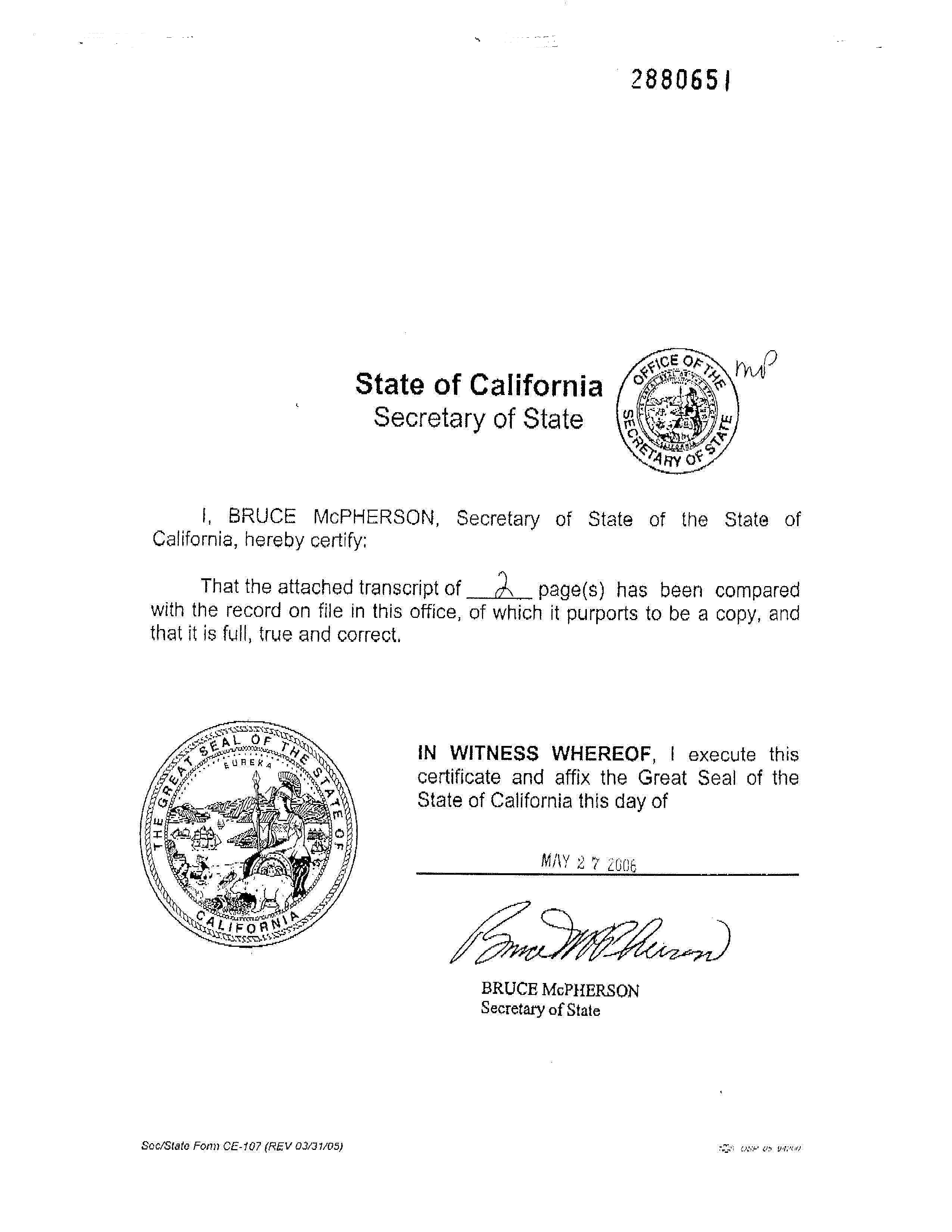 Articles of Incorporation California Emerging Technology Fund