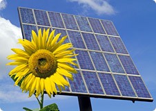 Solar power with a sunflower in forefront