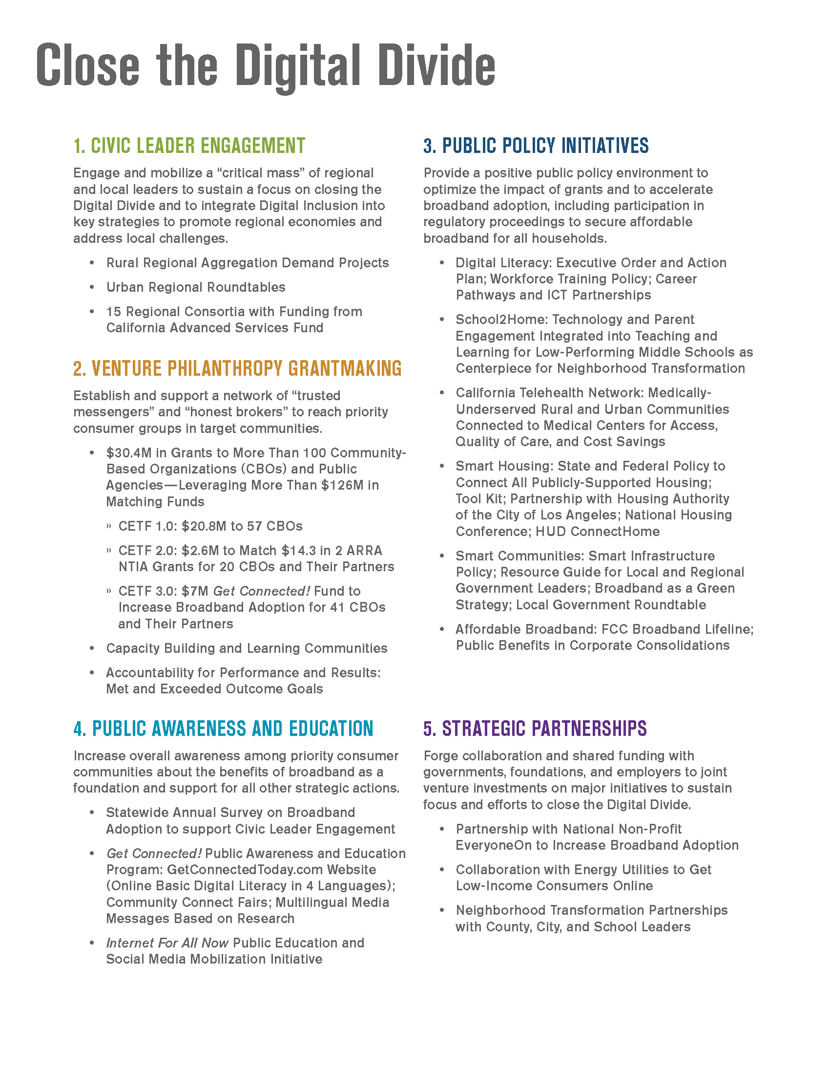 5 Overarching Strategies to achieve optimal impact and a higher return on investment of the original $60 million seed capital: 1. Civic Leader Engagement; 2. Venture Philanthropy Grantmaking; 3. Public Policy Initiatives; 4. Public Awareness and Education; and 5. Strategic Partnerships.