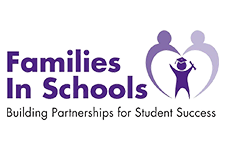 Logo shows figure of two adults forming a heart shaped arch over the figure of a child wearing a graduation cap and holding a diploma