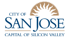 San Jose City logo depicts the words "City of San Jose Capitol of Silicon Valley" in Times New Roman font with the shape of a sun rising behind the letters.